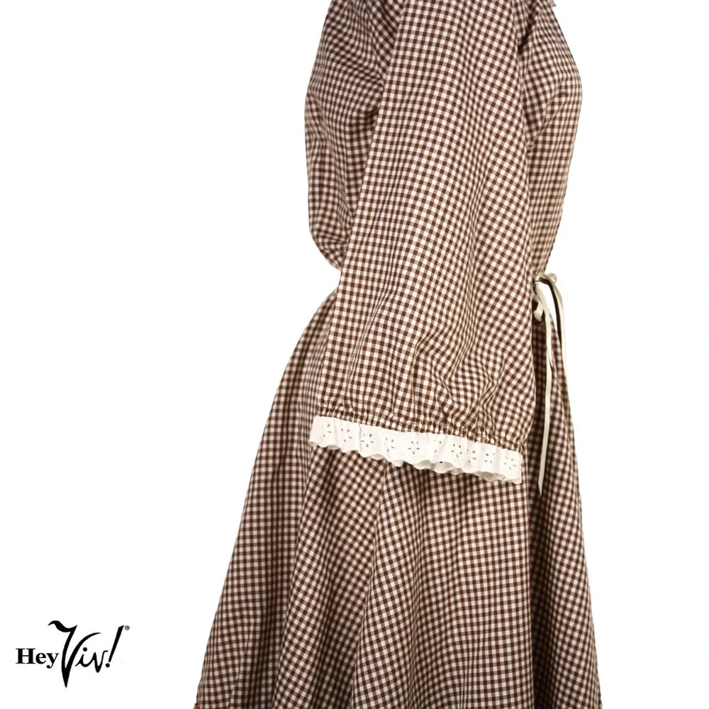 Vintage Malco Modes Prairie Dress Brown White Check Ric Rac Eyelet Trim Size 14 - Picture 4 of 9